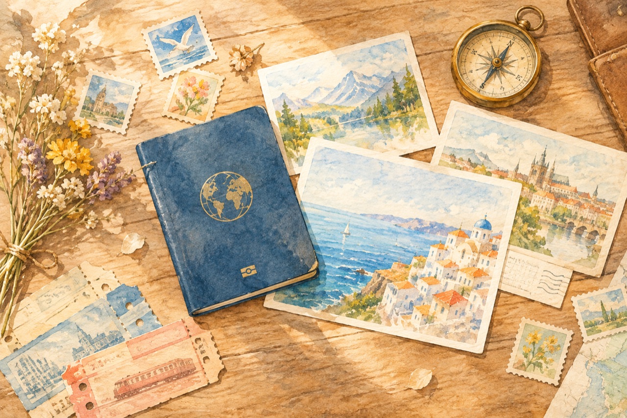 旅行护照与明信片水彩插画